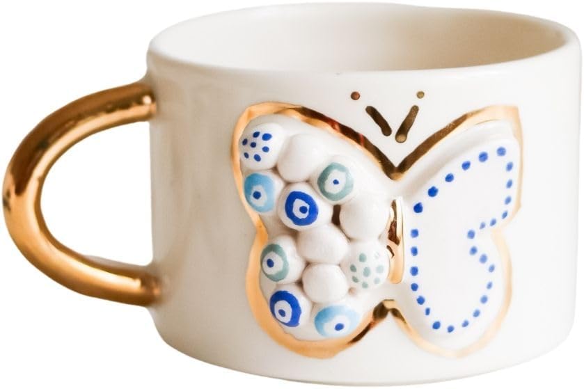 Protective Evil Eye Ceramic Mugs with Gold Detailing | Hand-Painted Protection Symbols with Gold Accents | Handcrafted for Coffee & Tea Lovers (Hanging Evil Eyes)