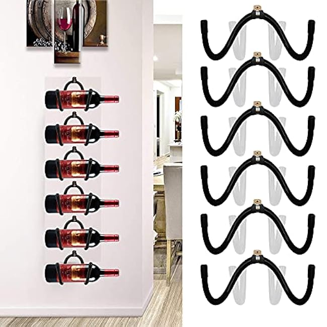 Pmsanzay Wine Wall Holder, 6 Pack Wall Mounted Wine Rack, Wine Bottle Display Holder Organizer for Wine Storage Wall Wine Theme Decor, Black (Horizontal Style)