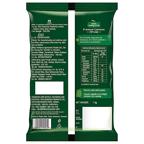 Image of Tata Sampann Pure Cashews Whole, Kaju, 1 Kg, Nutritious & Delicious, Rich In Protein, Magnesium & Phosphorus, Deluxe Size & Crunchy Nuts (Pack of 2)