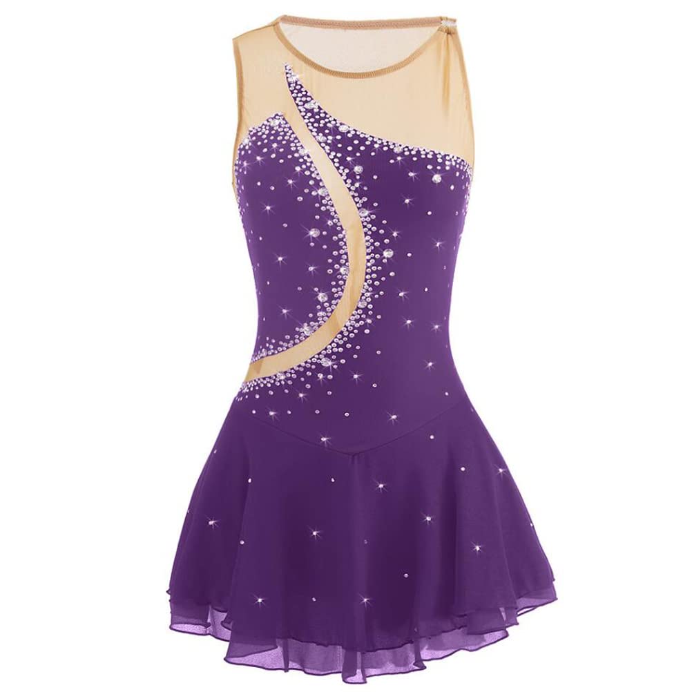 Vestido profesional de patinaje artístico para niñas, sin mangas, con diamantes de imitación, para danza sobre hielo, patinaje, gimnasia, leotardos