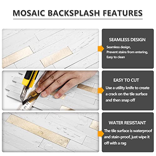 Stickgoo 20 Sheets Peel And Stick Backsplash Tile, Stick On Backsplash For Kitchen And Bathroom, White Sandstone Look Pvc Mixed Metal Gold Self Adhesive Wall Tiles #TOP3