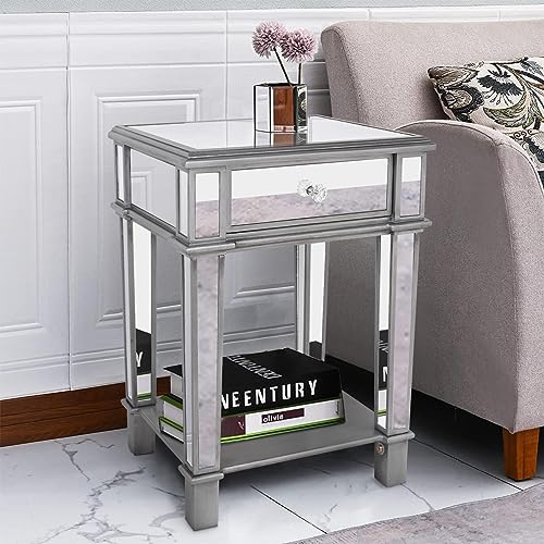 Artloge Table d'Appoint Bout de Canapé: Table de Chevet Miroir en Verre Meuble de Salon avec Rangement - Table de Nuit Design avec Tiroir pour Bureau Chambre...