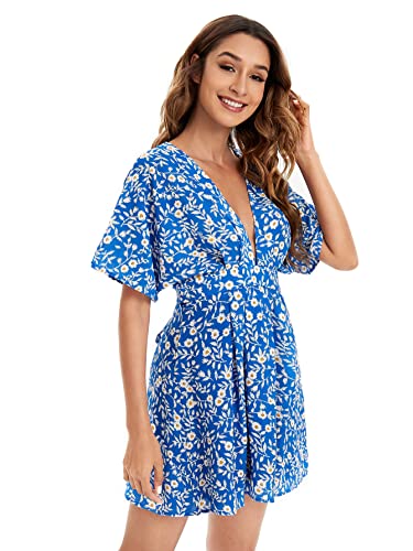 Image of Floerns Women's Tropical Floral Plunging V Neck Tie Open Back Summer Short Dress
