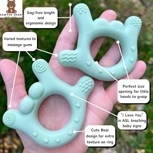 I Love You Silicone Hand Teether by Sawyer Bear Baby Gear, Teethers for Babies 3-6 Months, Soft Teething Toys 6-12 Months bpa Free, Massaging Teething Relief (Light Green)