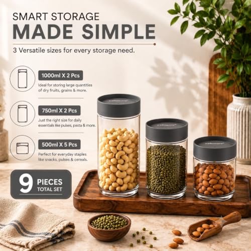 Image of CELLO Modustack Pet Storage Jar For Kitchen Set of 9 Pcs (1000ml x 2, 750ml x 2, 500ml x 5) Grey | Freezer & Fridge Safe, Airtight Pet Kitchen Storage Box Container For Beans, Whole Grains, Spices