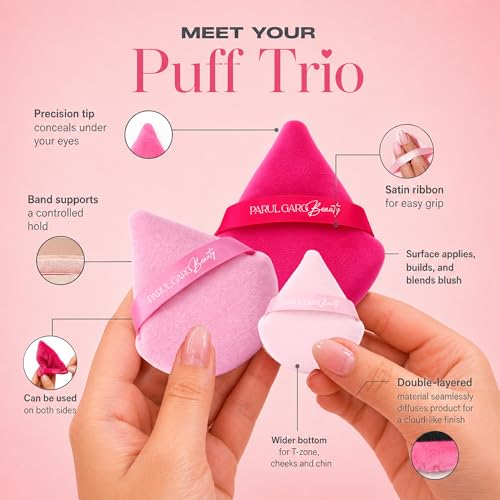 Image of Parul Garg Beauty Makeup Puff Trio | Powder Pizza Puff with Strap Soft Dual Texture | Reusable Face Puff, Cosmetic Sponges for Loose & Compact Powder Application | Triangle puff for Makeup Sponges Gift Set Woman