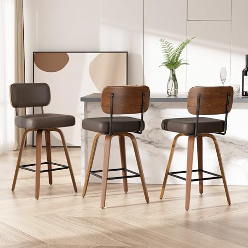 Image of Swivel Bar Stools Set of 3, 26 inch Upholstered Faux Leather Counter Height Barstools with Walnut Back & Bentwood Legs, Mid Century Modern Bar Chairs Island Stools for Kitchen Counter, Coffee