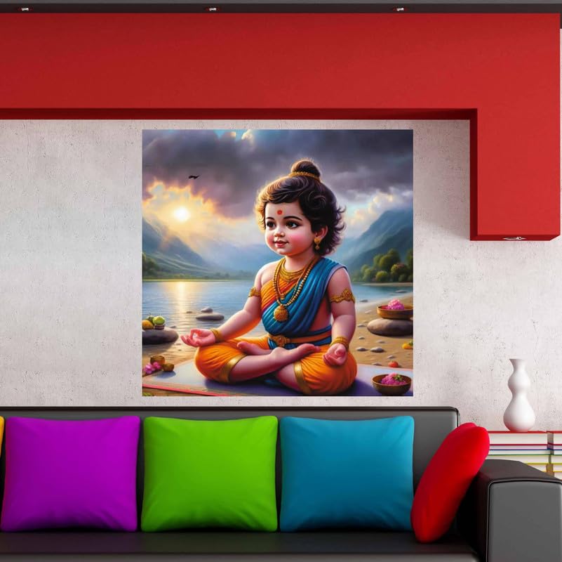 Image of British Terminal Cute little Bal Gopal Baby God Krishna| Kanha Ji | Laddu Lord Makhan Chor Painting Religious Poster for Pregnant Women for wall (matt thin vinyl,sticker,multicolor,unframed)| bj396