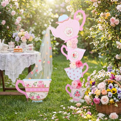 Bucherry 4 Pcs Wonderland Tea Party Yard Decorations Wonderland Garden Yard Sign Stand Set Stacked Teacups Wildflowers with Brackets for Tea Party Birthday Spring Outdoor Decoration