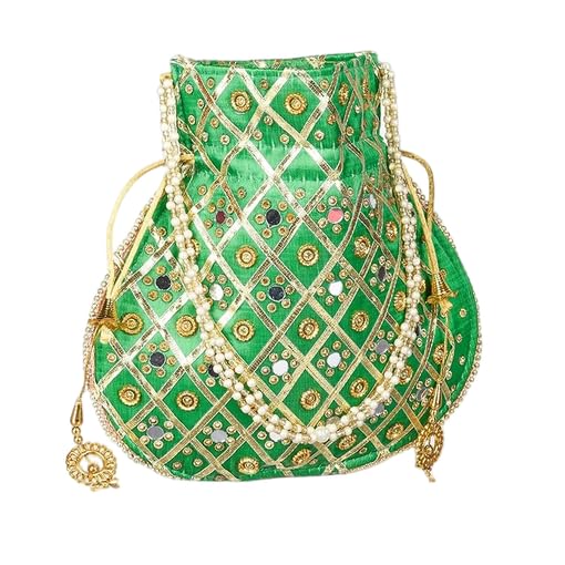 Kuber Industries Potli | Wedding Potli | Drawstring Potli with Handle | Wallet Potli | Christmas Gift Potli | Baby Shower Potli | Mirror Check-Shagun Potli | Green