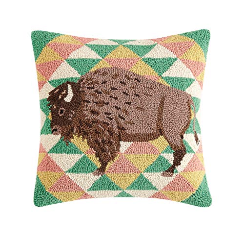 Peking Handicraft 30TG422C16SQ ポリフィルド フック スロー 枕 ウールとコットン (ボーホー バッファロー 16インチ四方)
