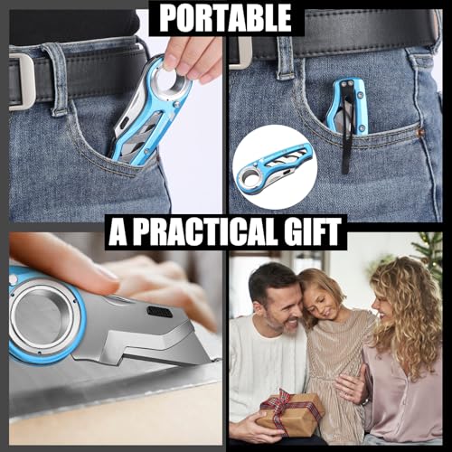 Image of Tondiamo 2 Pcs Folding Pocket Utility Knife Heavy Duty Box Cutter Folding Razor Knife with Anti Slip Finger Loop Easy Change Blades 3 Lock Positions Design (Blue)