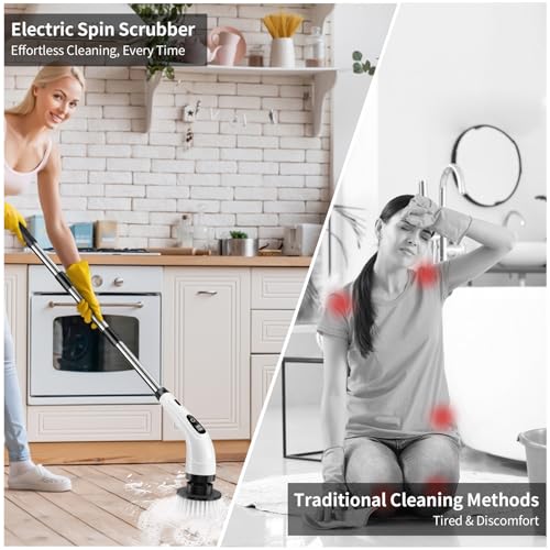 Image of GOXAWEE Electric Spin Scrubber, Cordless Cleaning Brush with 8 Replaceable Brush Heads, Power Shower Scrubber with Long Handle for Bathroom, Tub, Tile, Floor (White)