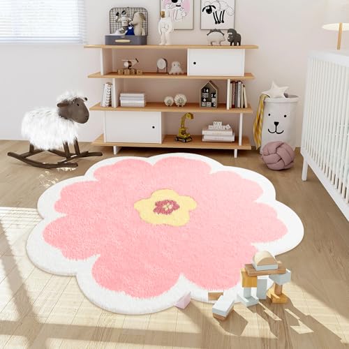 Orbezil 花柄 ラグマット 小さめ ラグ 円形 薄手のカーペット ピンク 可愛い 丸形 和風 洗える 抗菌除ダニ 柔らかい 滑り止め付 玄関マット 子供部屋 リビング 寮 直径120cm ピンク