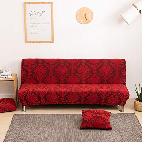 Stretch Jacquard Damask Print Armless Folding Sofa Slipcover, Protective Thick Futon Couch Covers One Piece T Cushion Sleeper Bed Lounge Covers Red 195-225Cm/76-88 #TOP30