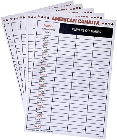 All7s Premium American Canasta Score Pads with Instructions, Set of 5 Pads (250 Sheets)