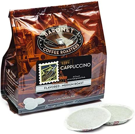 Baronet Coffee Cappuccino Coffee Pods Bag - Flavored - Medium Roast - 18 Count, 8 Grams - Single Serve Coffee Pods - Bulk Packaged For Decreased Waste- Rich, Traditional Flavor
