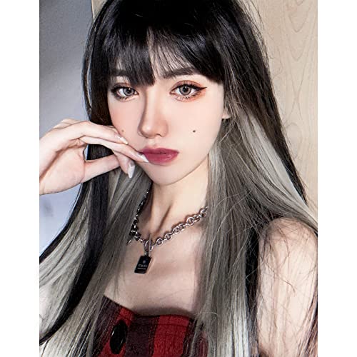 ENTRANCED STYLES Straight Black Wig with Bangs for Women Fashion Long Straight Wig Heat Resistant Bangs Synthetic Wig 20 Inch Natural Looking Daily Party Cosplay Wig