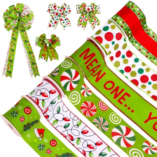 FYSUIMU 6 Rolls 30 Yards Christmas Wired Edge Ribbon 2.5 in Xmas Candy Peppermint Cartoon Character Fabric Craft Ribbon Red Green Glitter Dot Wrapping Ribbons for DIY Tree Gift Bow Wrapping Wreath