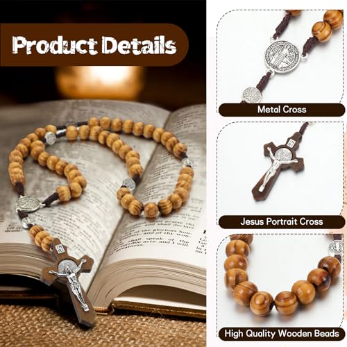 12 Set Wooden Bead Rosary Necklace Catholic Rosary Wood Carved Solid Beads with Jesus Cross Our Father with Velour Gift Pouch Baptism Favors Catholic Gift(Multicolor)3