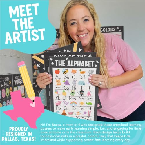 Image of Hadley Designs 16 Educational Posters for Classroom Decor - Learning Posters for Toddlers 1-3, Alphabet for Classroom Wall, Daycare Essentials, Homeschool Posters Preschool, Chalkboard Playroom Decor