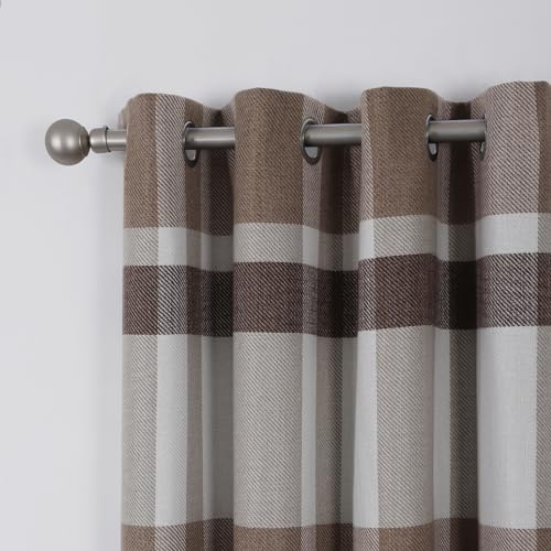 always4u 100% Blackout Curtains Check Eyelet Bedroom Tartan Curtain Plaid Woven Brushed Cheque Pair of Highland Woolen Look Window Treatment for Living Room Brown 46 * 54 Inches - Image 3