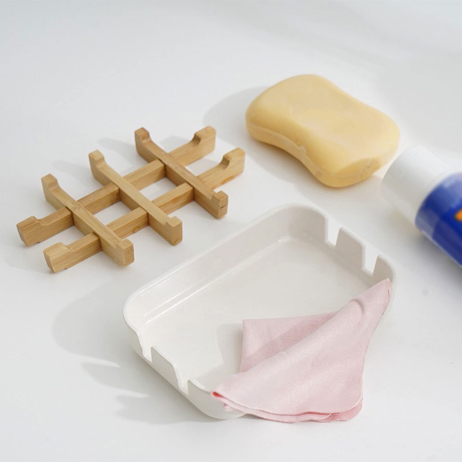 JINGYAN Jaboneras Soporte de jabón Ducha Plato Madera baño bambú, Fregadero Blanco para Bandeja