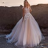 Scoop Lace Applique A Line Wedding Dresses Sleeveless Tulle Boho Bridal Gown De Noiva Long Train Trouwkleed (Color : Ivory, US Size : 4)