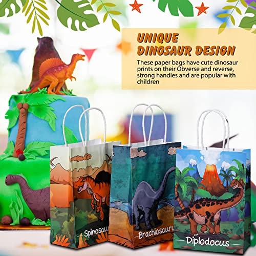 24 Pcs Dinosaur Party Favor Bags With Handle, Dinosaur Kraft Paper Gift Bags Kids Goodie Treat Bags For Boys Girls Dinosaur Dino Theme Birthday Baby Shower Party Supplies Cookie Gift (Vivid Style) #TOP5