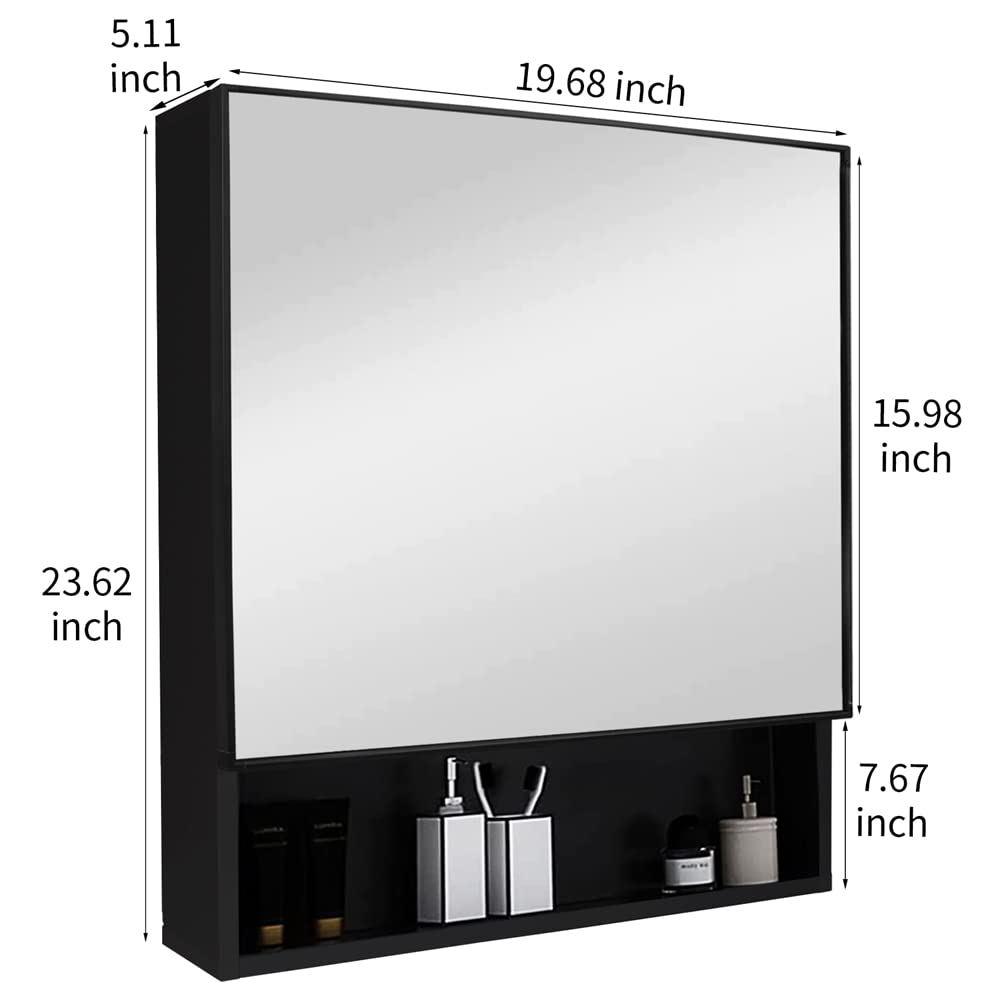 23.6"x19.6 Mirrored Medicine Cabinet, Space Aluminum Wall Mounted Bathroom Storage, Water and Rust Resistant, Recess or Surface Mount - Black