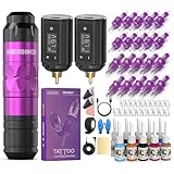 Wormhole Tattoo Gun Tattoo Kit with Wireless Tattoo Machine, 2PCS 1,200mAh Capacity Tattoo Batteries, 20 Cartridge Needles with Finger Ledge, Ink Color Set for Artists-Purple