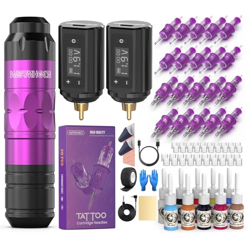Wormhole Tattoo Gun Tattoo Kit with Wireless Tattoo Machine, 2PCS 1,200mAh Capacity Tattoo Batteries, 20 Cartridge Needles with Finger Ledge, Ink Color Set for Artists-Purple