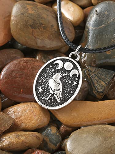 Haquil Raven Necklace, Wiccan Raven Triple Moon Goddess Charm Pendant Faux Leather Cord, Raven Jewelry Gift #TOP4