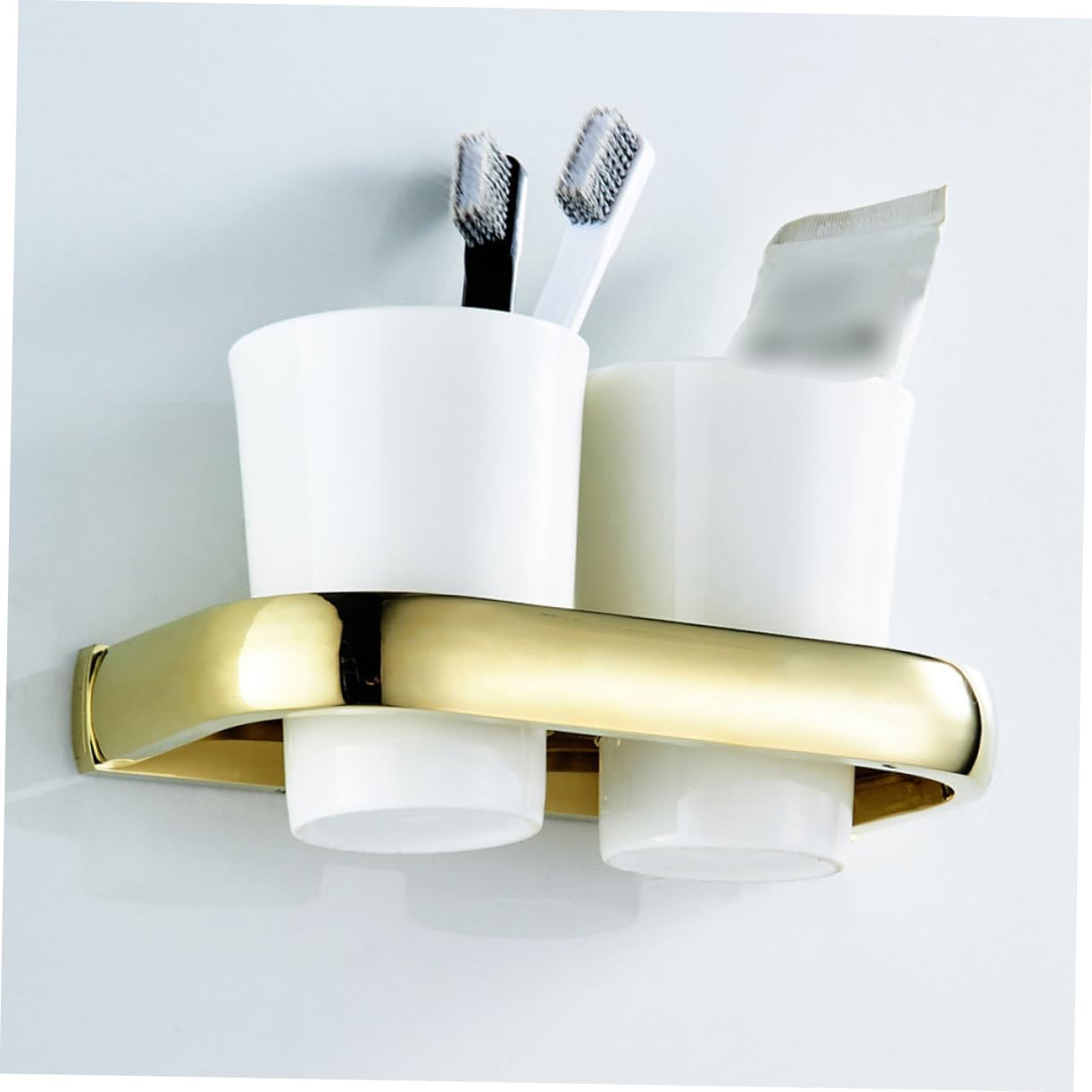 Amosfun Wall Mounted Toothbrush Cup Holder Brass Gold Plating Space Saving Storage Rack for Bathroom Accessories Double Mouth Design Rustproof