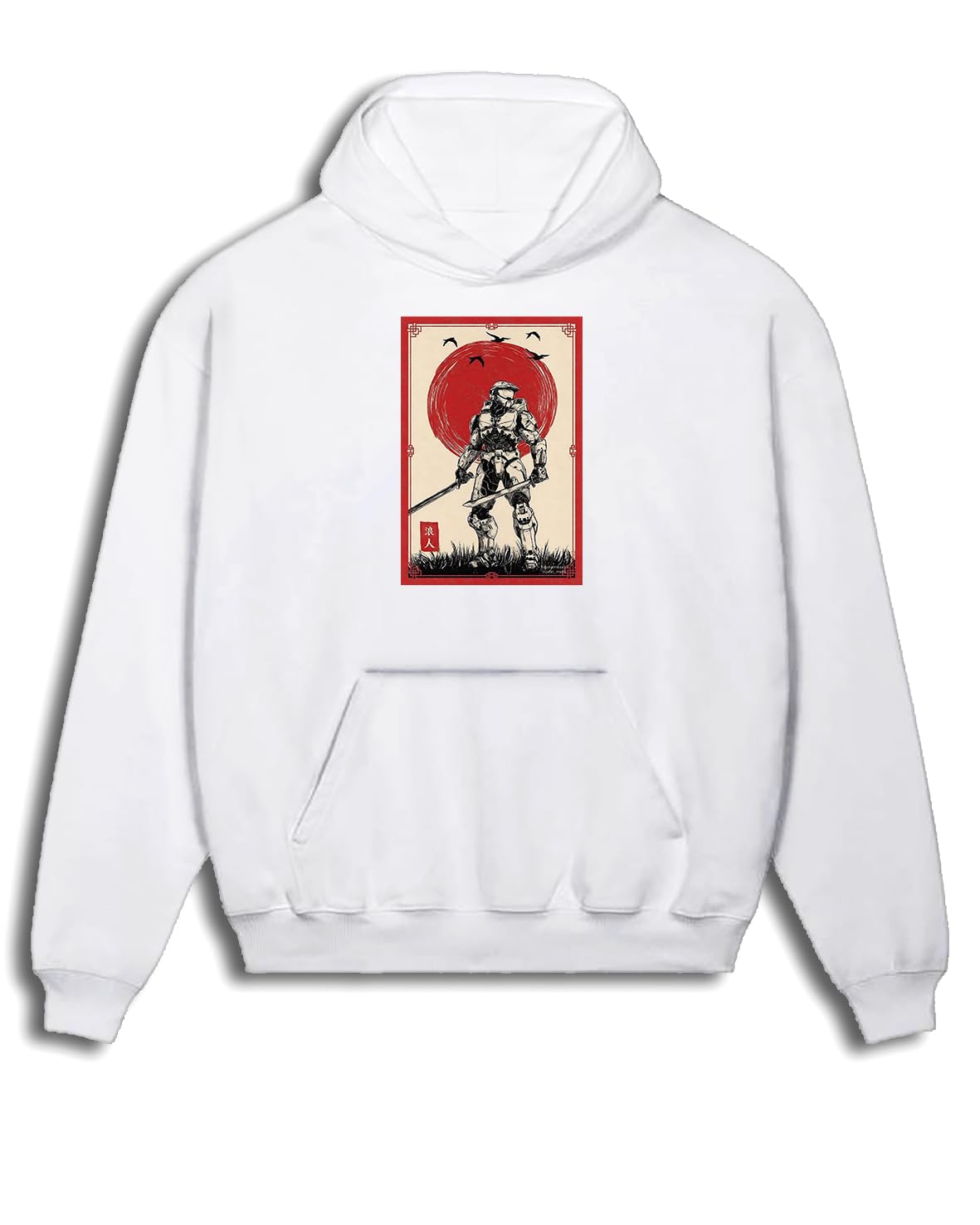 Master Chief Halo Video game Japanese Poster Samurai Unisex White Hoodie Sweatshirt (UK, Alpha, L, Regular, Regular, White)