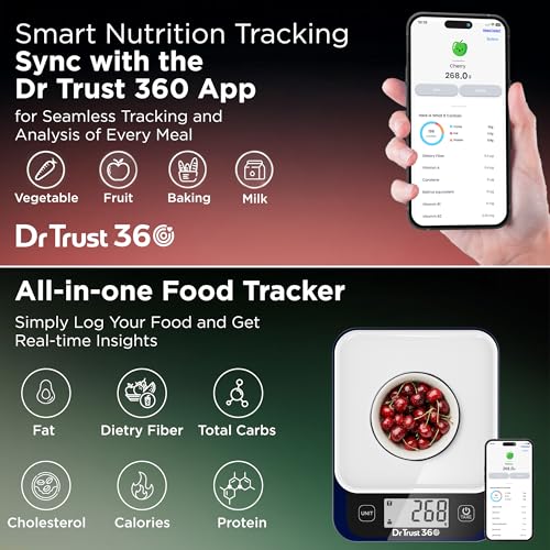 Image of Dr Trust USA Smart Nutrition Electronic Kitchen Digital Scale Weighing Machine for Health, Fitness, Diet, Nutrition, Cooking & Home Baking with Bluetooth, Bright LCD, Touch Button, Tare Function(5 Kg)