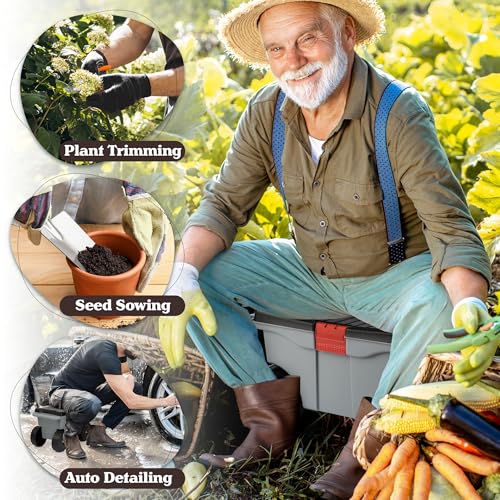 Image of Pure Garden Rolling Garden Cart with Seat - Plastic Storage with Bench and Interior Tool Tray - Gardening Stool for Weeding and Planting (Gray)