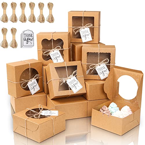 KPOSIYA 65PCS Bakery Boxes with Window 6x6x3 Inches 5 Style Cookie Boxes Small Pastry Boxes for Candy, Dessert, Pastry, Donuts, Birthday Party, Wedding(Brown)