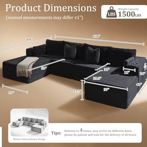 Image of 138 inch Cloud Sectional Couch, Comfort U Shaped Boneless Couch for Living Room, Extra Deep Seats No Assembly, Minimalist Modular Sofa, Corduroy (Black, 3 Seater+Right Facing Chaise+Ottoman)