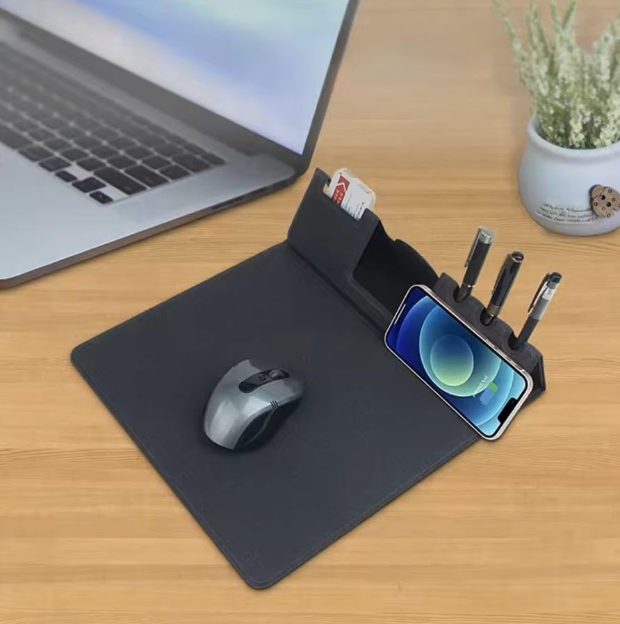 Wireless Charging Mouse Pad With Desk Organizer 3 in 1 Tech GIfts For Men With Elegant Fabric And Premium Look With Pen Holder Card Holder With Wireless Charger Black