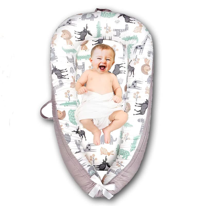 Image of SILENT YOUTH Baby Nest Baby Lounger for Newborn Co-Sleeping for Baby 0-12M,Newborn Lounger Soft Breathable Cotton Adjustable Newborn Bed Baby Registry Search Machine Washable(Animals)