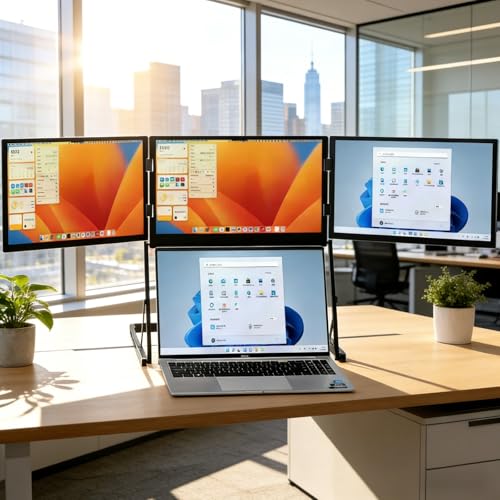 Image of 100% sRGB 1080P IPS Laptop Screen Extender Triple Monitor, 15.6 inch Foldable Portable Display for Laptop, Height Adjustable