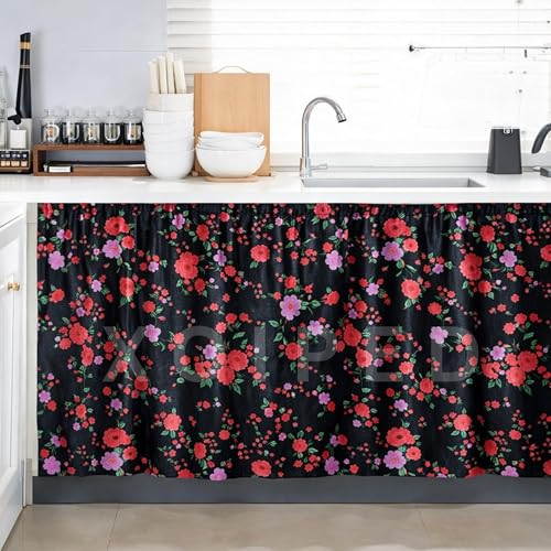 Image of Multipurpose Kitchen Sink Curtain | Under Sink Cabinet Cover Curtain | Waterproof Printed Kitchen Sink Curtain | Home & Kitchen Decor Curtain (RED Rose, Pack of 1)