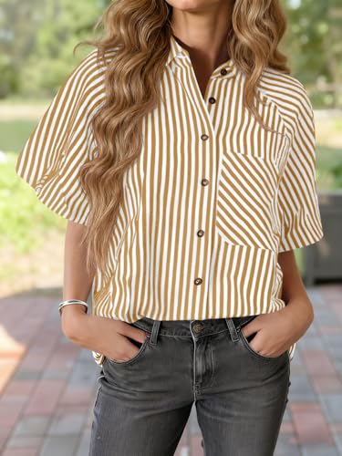 Image of Tankaneo Womens Short Puff Sleeve Button Down Shirts Striped Trendy Casual Loose Fit Blouse V Neck Collared Tops