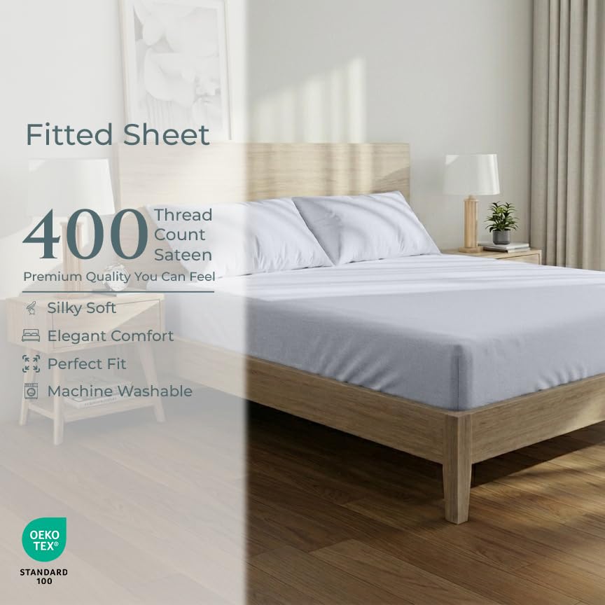 Image of Royale Linens 400 Thread Count Full Size Fitted Sheets Only - 100% Cotton Fitted Full Sheet Only - Luxury Sateen Weave - All Around Elastic Deep Pocket - Bottom Sheets Fit Up to 16 inch (Spanish Silver)