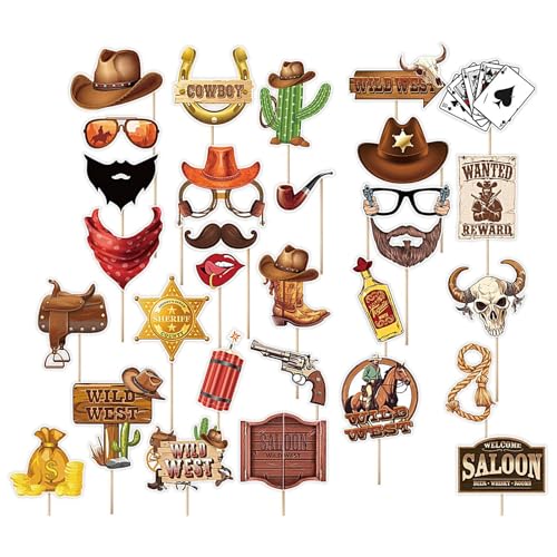 ccuzs Cowboy Photo Booth Props, Western Party Kit, Country-Themed Accessories with Sticks, Fun Adult Props, Perfect for Western Events, Parties & Celebrations
