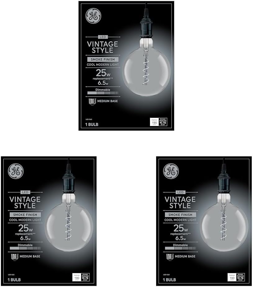 GE Vintage Style LED Light Bulb, 25 Watt, Smoke Finish, G63 Globe Bulb (3 Pack)