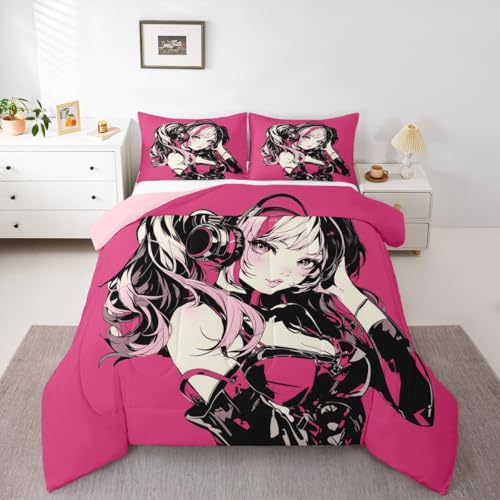 Image of Erosebridal Pink Anime Girls Bedding Cartoon Japanes-Style Comforter Set Queen, Graffiti Street Culture Bed Comforter Set for Kids Teens Youth Watercolor Hippie Style Duvet Set 3Pcs