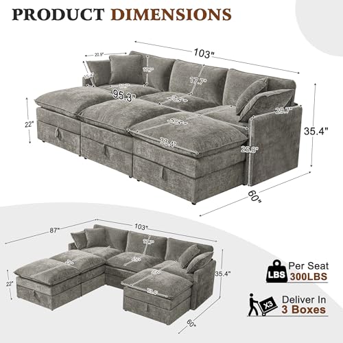 Image of Ihanherry Oversized Sectional Sofa Bed with Storage, 103 inch 6-Seater Modular Cloud Couch with Movable Ottomans, Chenille Deep Seat Sleeper Couches for Living Room (Grey)