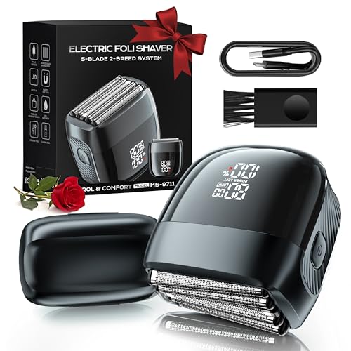 MALEGEBAZ Electric Foil Shaver for Men: 5-Blade System, IPX8 Waterproof, LED Display with 2 Speeds, USB-C Fast Charge, Magnetic Guard & Brush, Travel Lock,Valentines Day Gifts for him, Gray